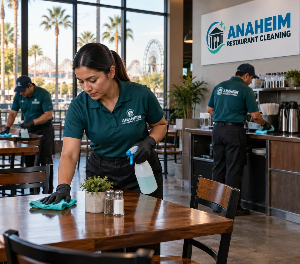 Professional cleaners sanitizing dining tables and a service station in an Anaheim restaurant
