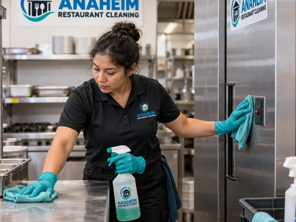 Cleaner detailing a commercial prep table, cooler handle, and kitchen touch points
