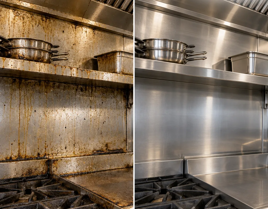 Before and after comparison of a greasy cook-line backsplash and shelf after cleaning