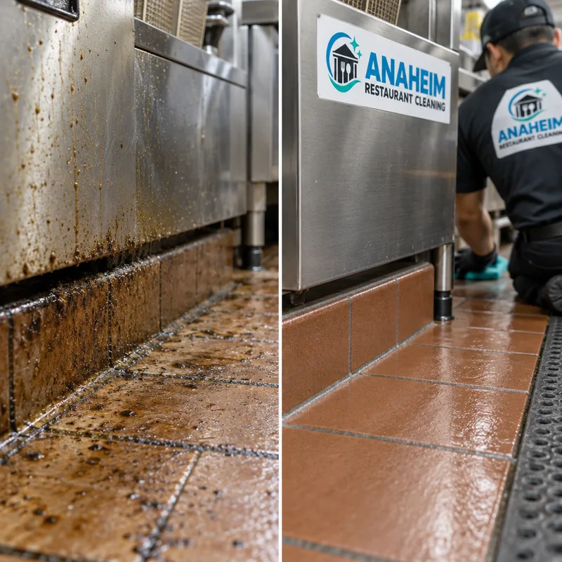Cleaned fryer-side floor edge and cove base after grease removal