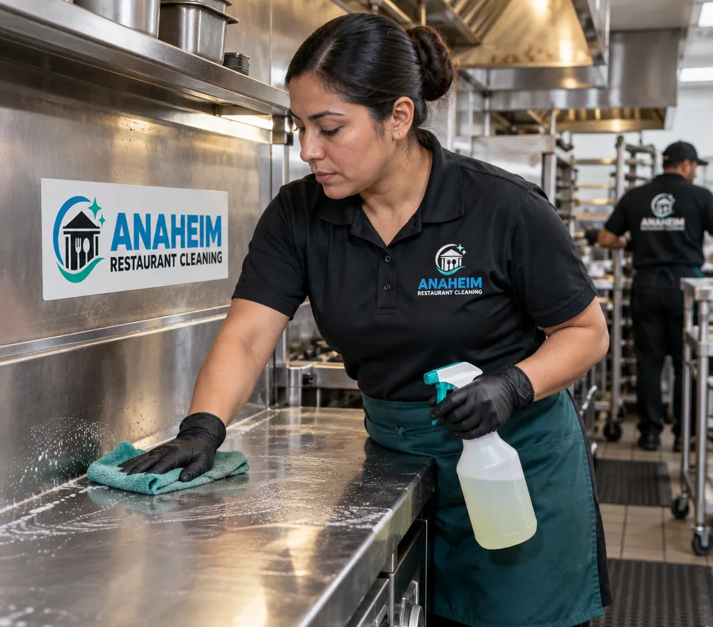 Commercial restaurant kitchen team member cleaning a stainless prep table and backsplash with degreaser