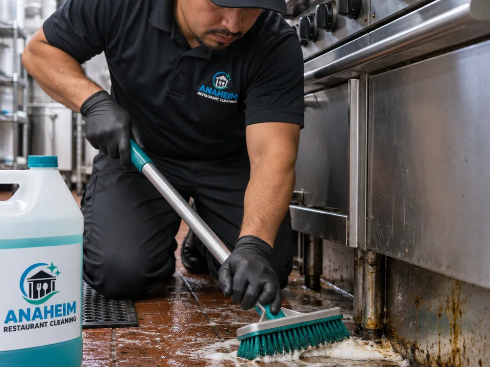 Technician scrubbing greasy buildup from a commercial kitchen floor corner near the cook line