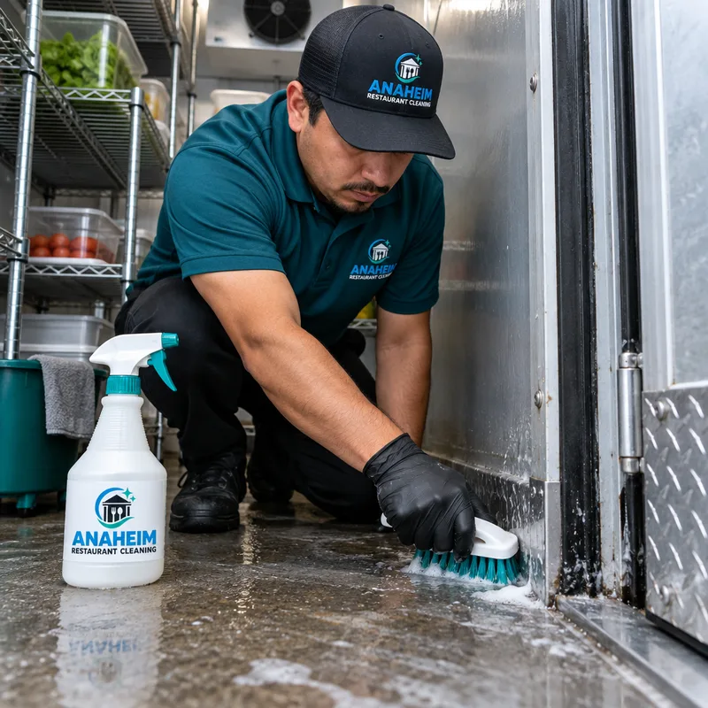 Cleaner detailing the floor corners and door threshold inside a walk-in cooler