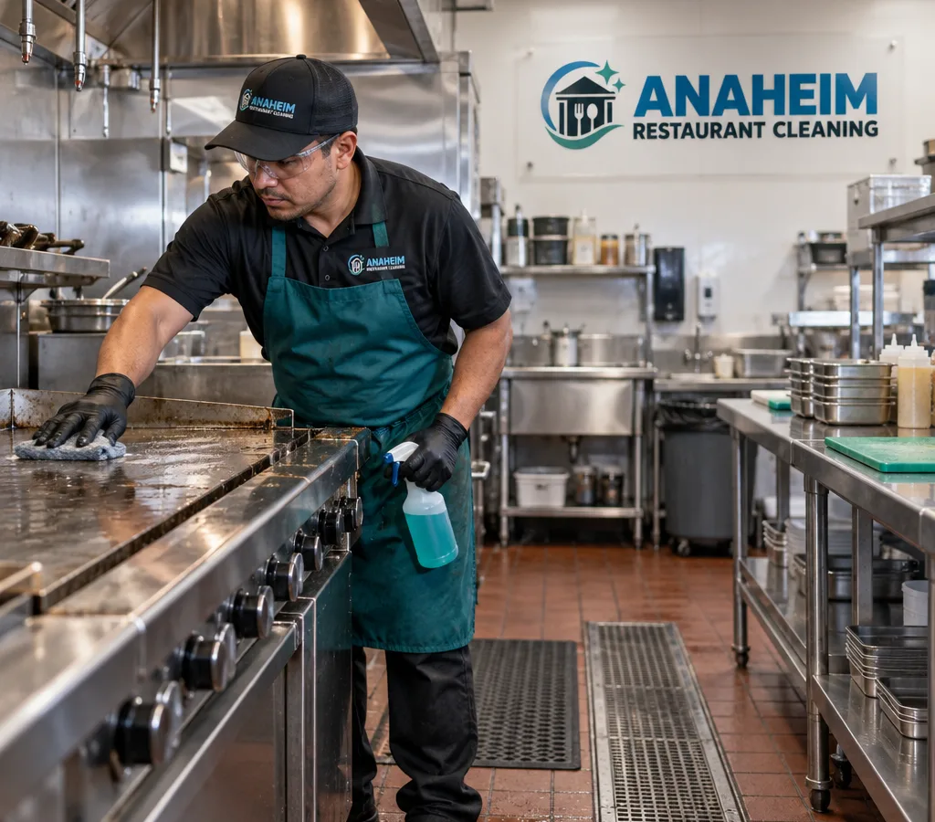 Professional cleaner in PPE detail-cleaning a commercial cook line in an Anaheim restaurant kitchen