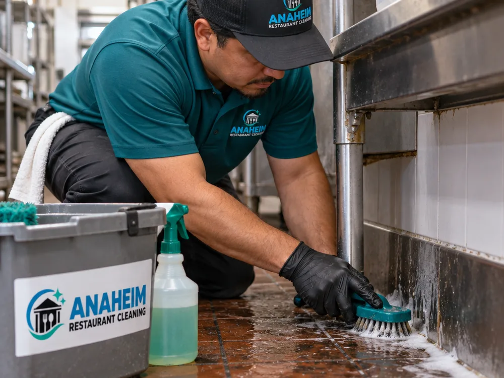 Technician scrubbing a commercial kitchen floor edge and wall base behind a movable prep table