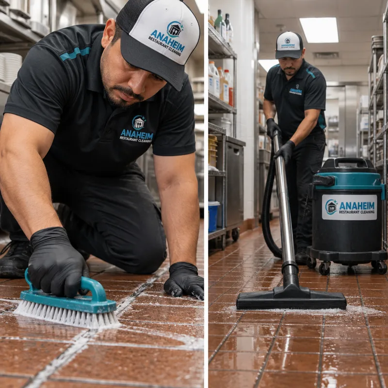 Technician scrubbing grout lines on a commercial tile restaurant floor and wet-vacuuming slurry in a back-of-house corridor