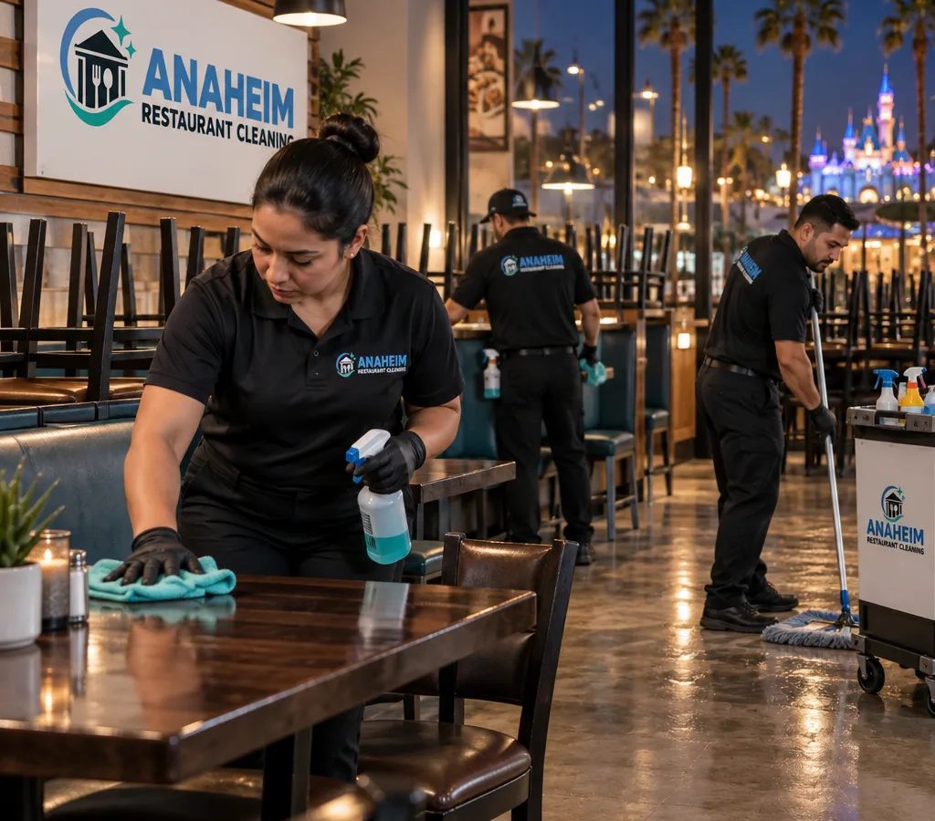 Evening restaurant cleaning crew wiping dining tables, sanitizing high-touch points, and mopping floors in a commercial dining room after closing in Anaheim