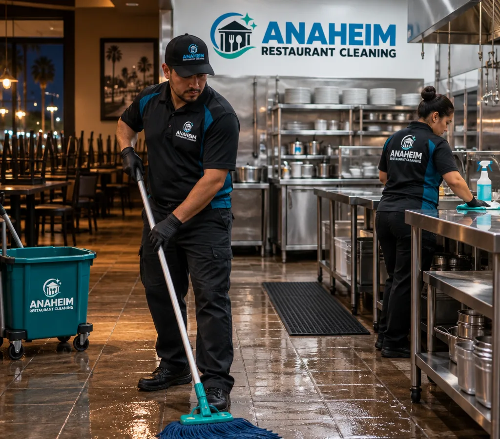After-hours restaurant cleaners mopping a commercial kitchen floor and wiping stainless prep tables