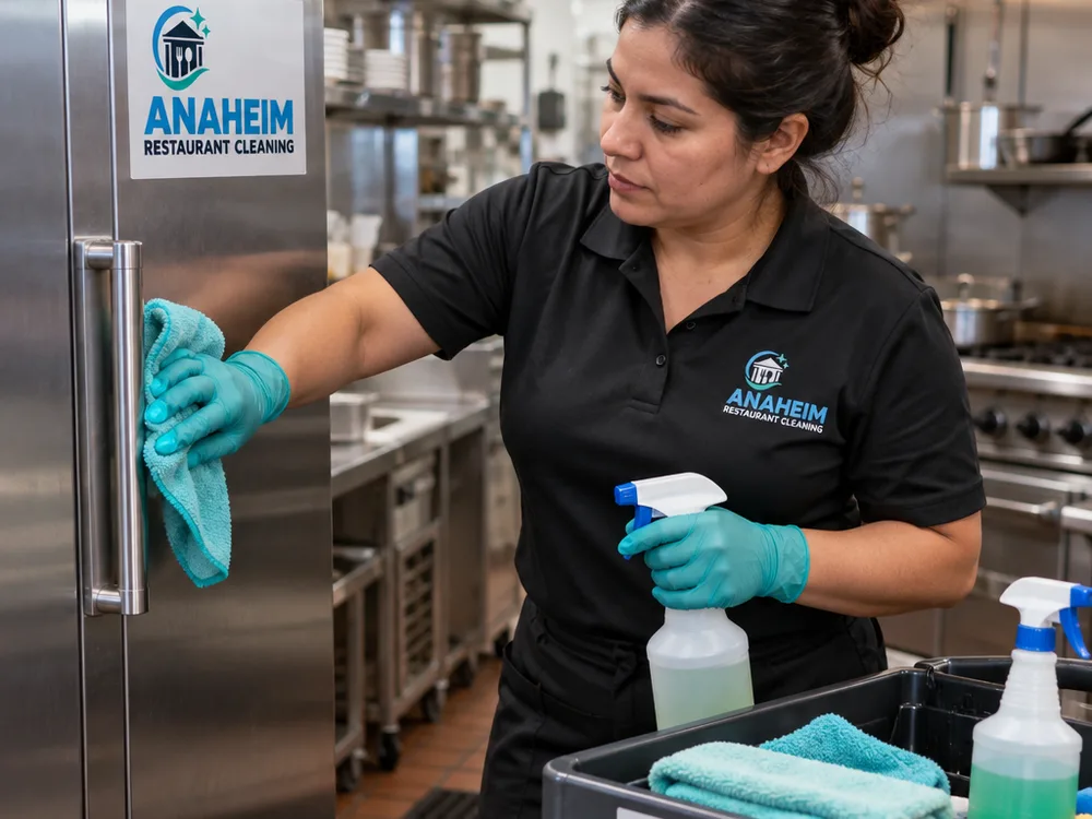Cleaner wiping stainless kitchen surfaces and handles after closing with cleaning supplies nearby