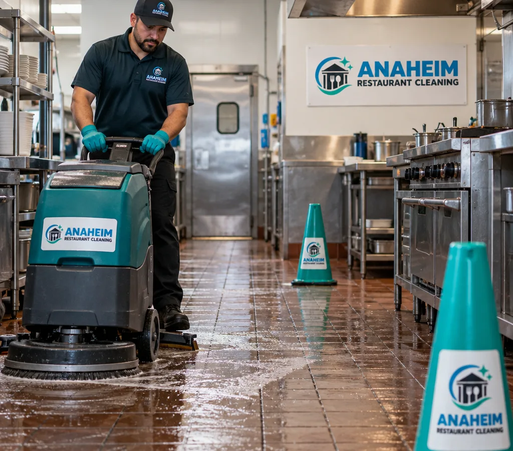 Technician using a commercial floor scrubber on a greasy restaurant kitchen tile floor with a visible cleaned path and safety cones