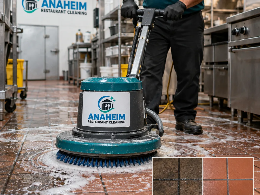 Rotary scrubber working over quarry tile with foamed degreaser as dark grout lines become clean