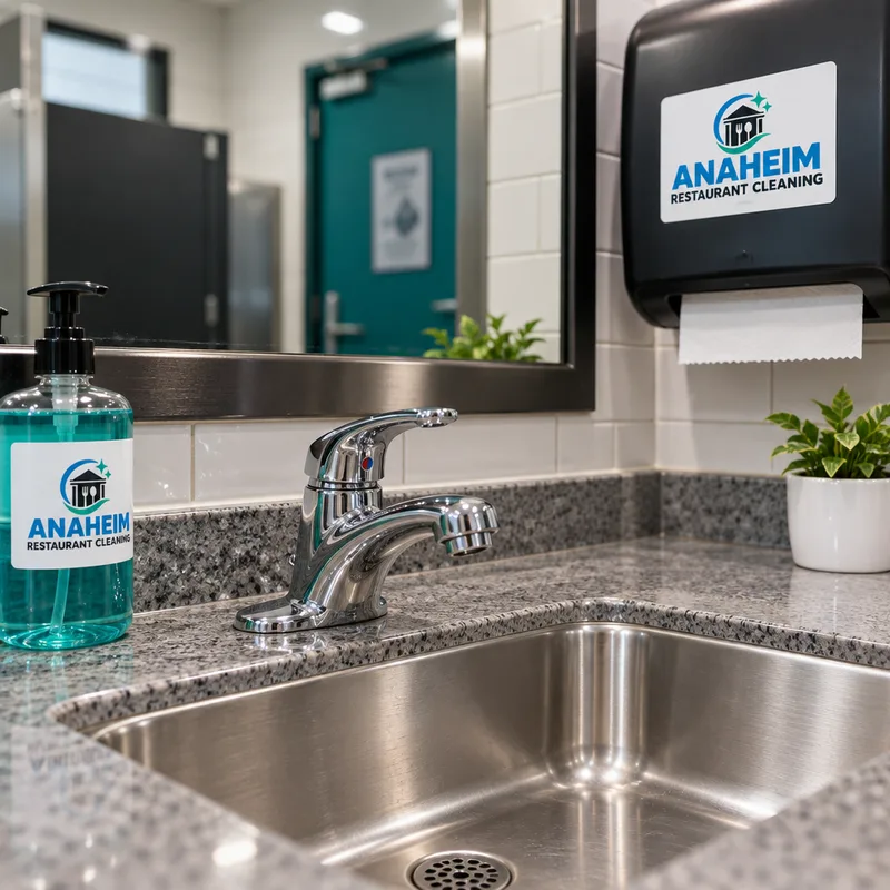 Freshly cleaned commercial restroom sink with a sanitized counter, stocked dispensers, and clean grout lines