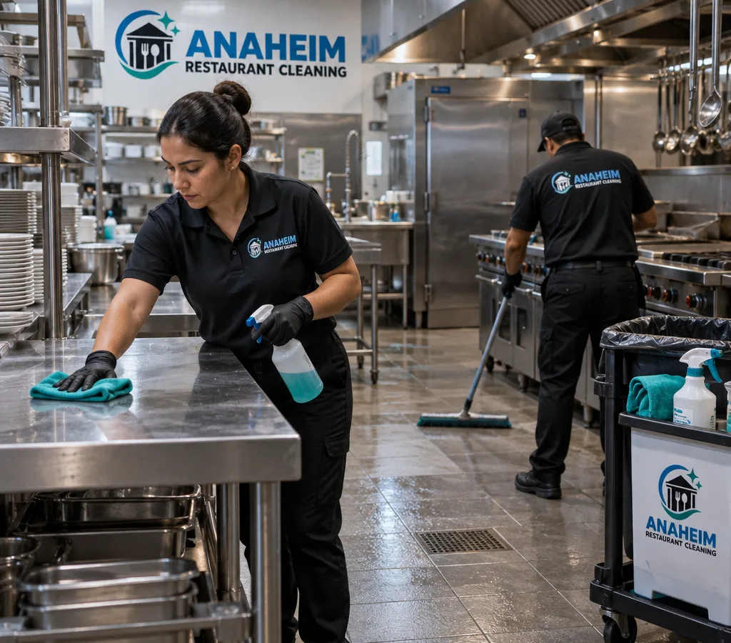After-hours commercial kitchen with clean stainless prep tables, sanitized touch points, and freshly cleaned floors