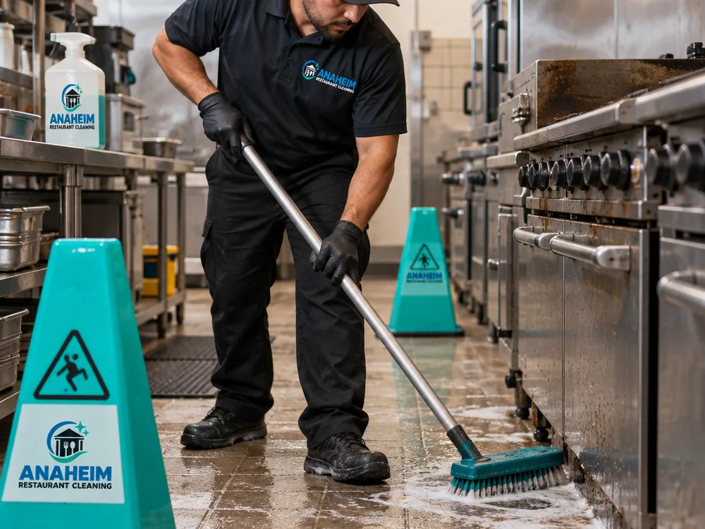 Technician cleaning a commercial kitchen floor near a cook line with mats moved aside and safety signage in place