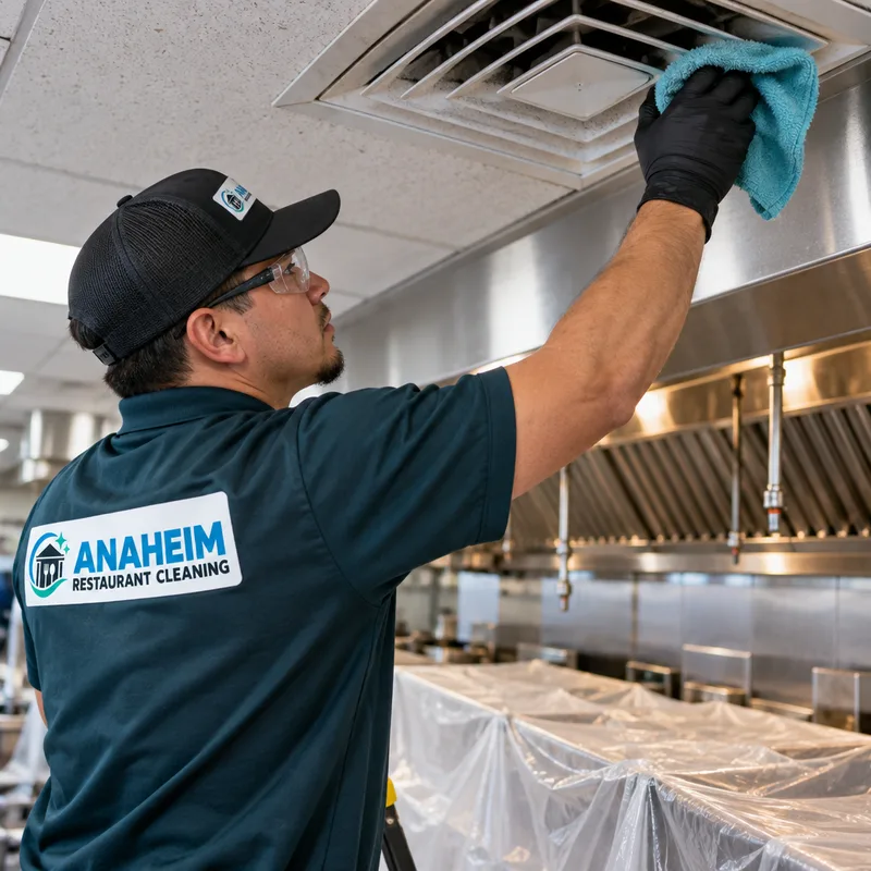 Technician high dusting a ledge and ceiling vent above a protected commercial cook line