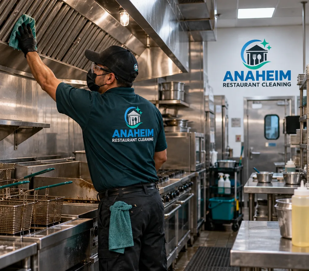 Technician in PPE cleaning a commercial restaurant cook line and surrounding stainless surfaces after hours