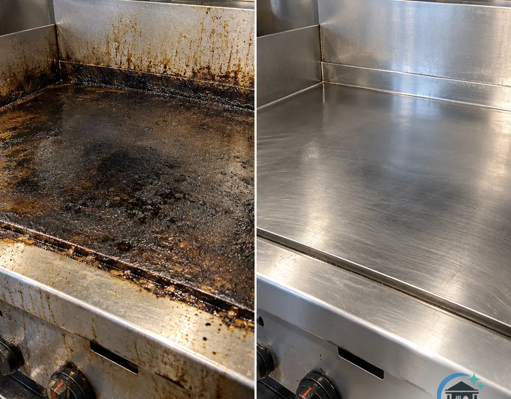 Before-and-after view of a commercial flat top and backsplash after removal of carbonized buildup and grease film