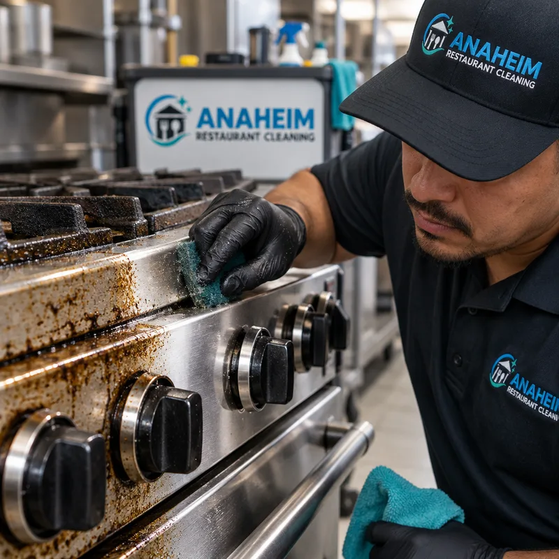 Technician hand-detailing grease along a commercial range seam and control knobs as stainless is restored to a clean finish