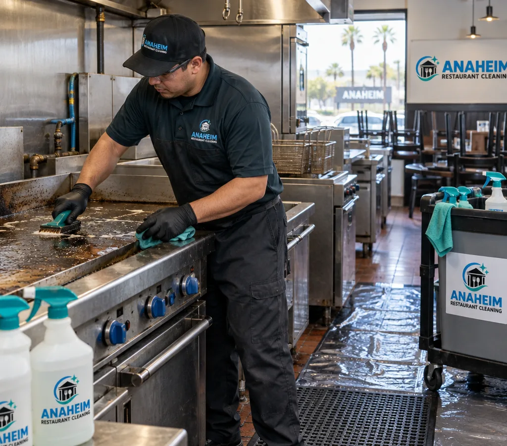 Technician cleaning a commercial cookline with flat top, fryer fronts, stainless surfaces, floor protection, and labeled spray bottles