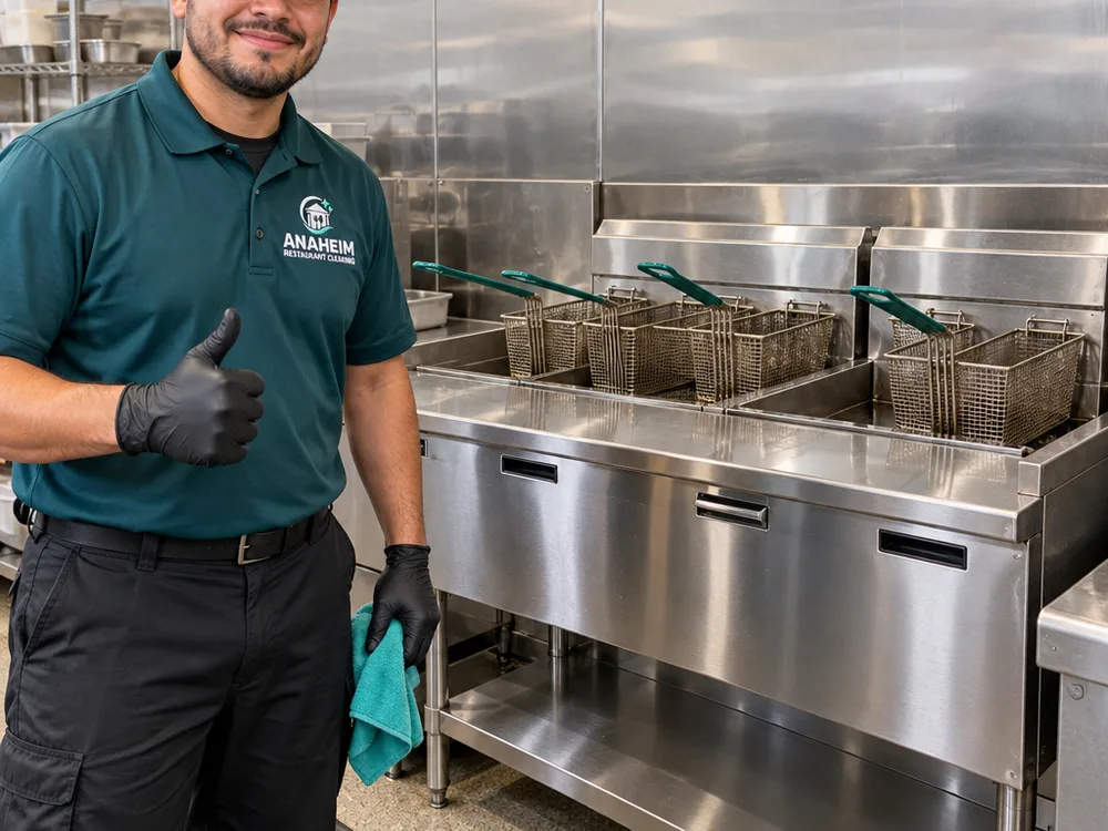 Clean stainless fryer fronts, lower shelves, landing area, and splash zones with a dry streak-free finish
