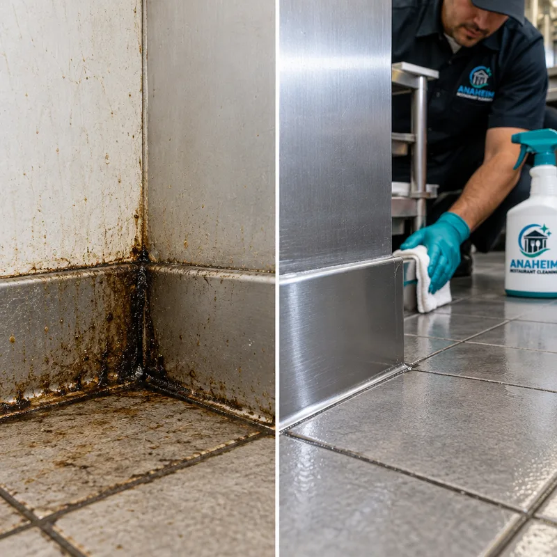 Degreased commercial kitchen baseboards and clean corner edges behind a prep area