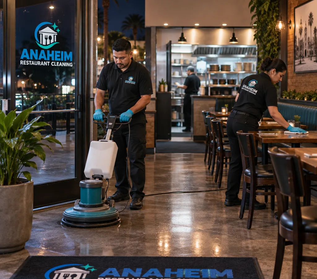 Cleaning crew preparing a Santa Ana restaurant dining room and entry after closing