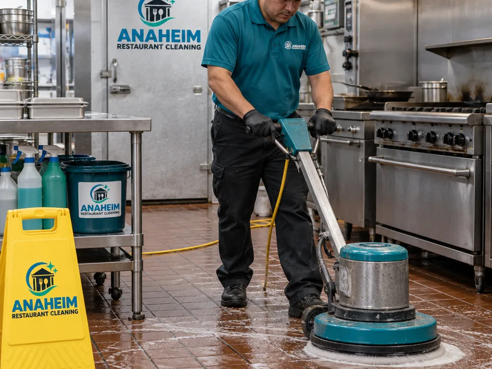 Technician using a floor scrubber in an organized commercial kitchen with wet-floor signage