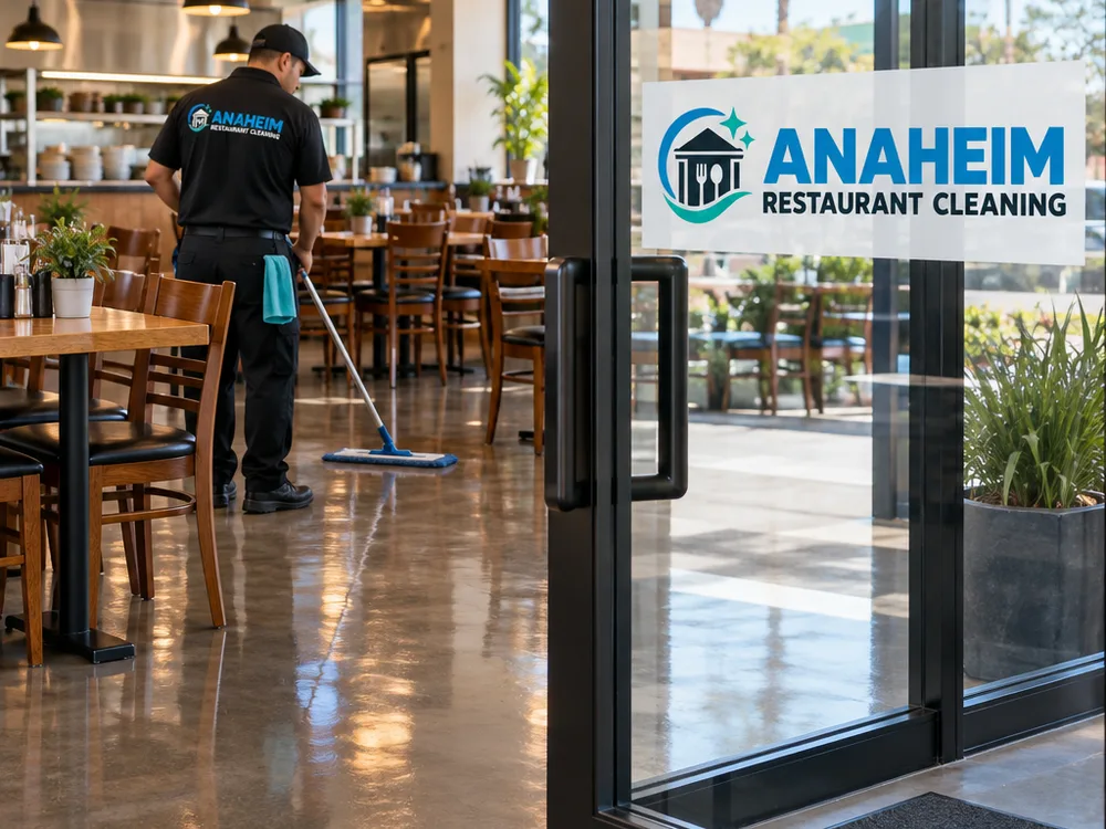 Clean restaurant dining area with streak-free entry glass and freshly cleaned hard floors