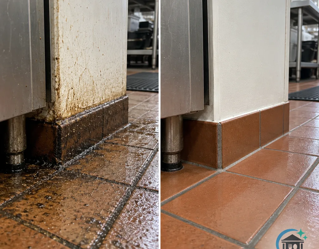 Before-and-after view of a greasy kitchen floor edge and baseboard cleaned down to the visible surface