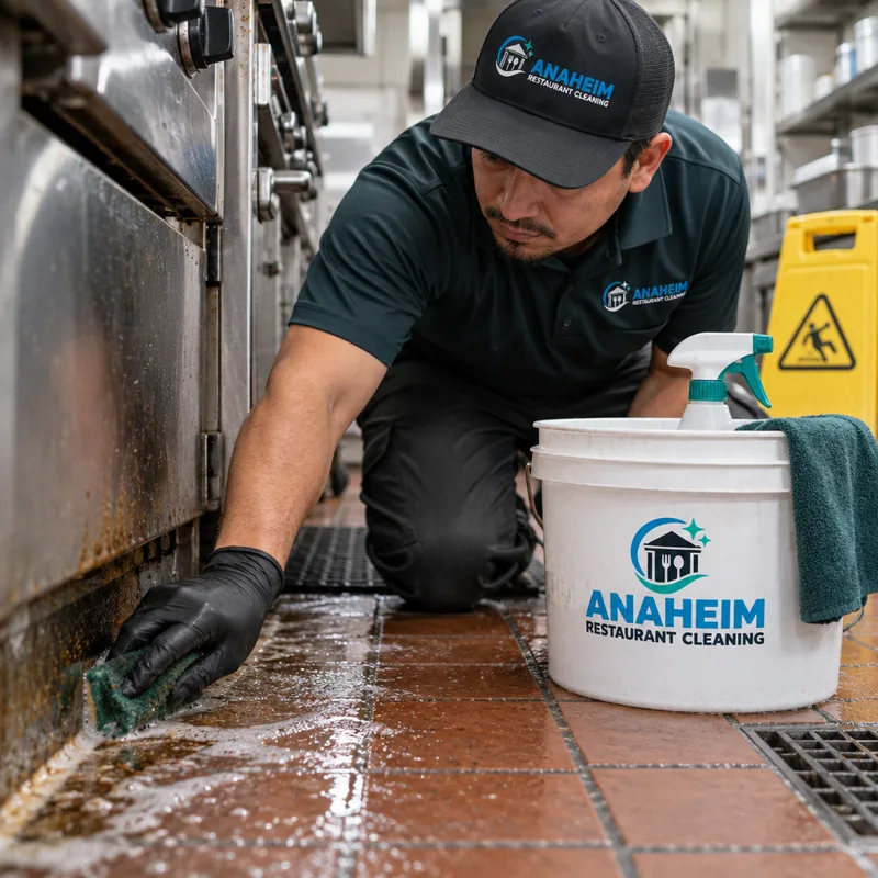 Technician detailing a greasy baseboard and floor edge behind a commercial range with a scrub pad and food-service-safe degreaser
