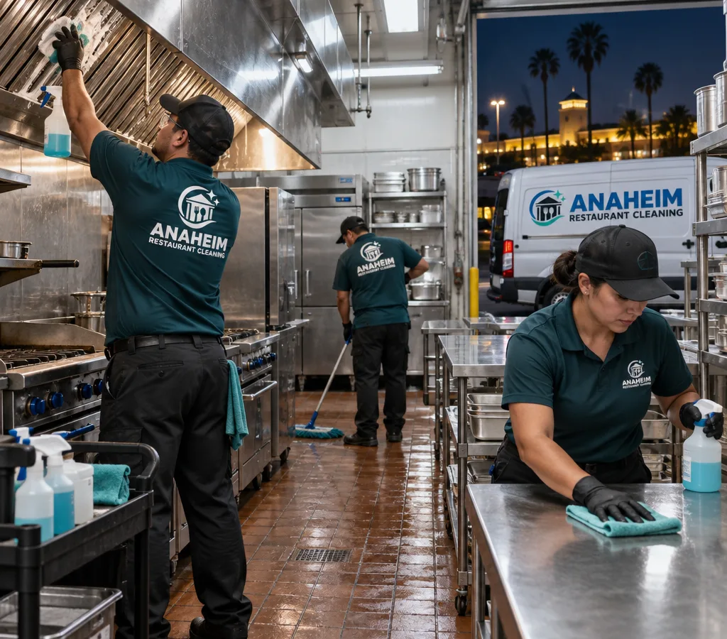 Night crew cleaning a commercial restaurant kitchen, degreasing the hood line, mopping behind equipment, and wiping stainless prep tables