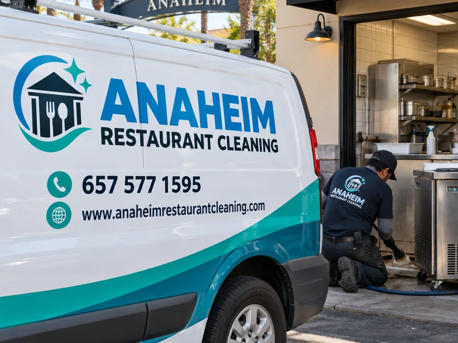 Technician cleaning behind a pulled-out commercial undercounter unit along the floor line and wall