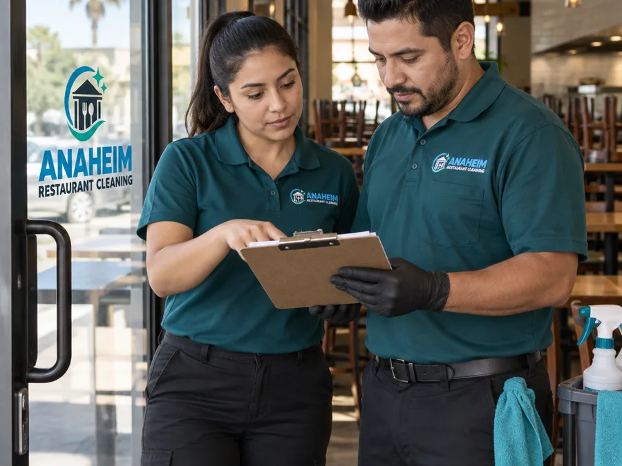 Uniformed restaurant cleaning team reviewing a checklist in a dining area