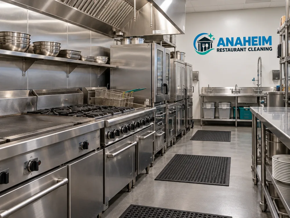 Commercial kitchen line after cleaning with wiped stainless surfaces and clean floors